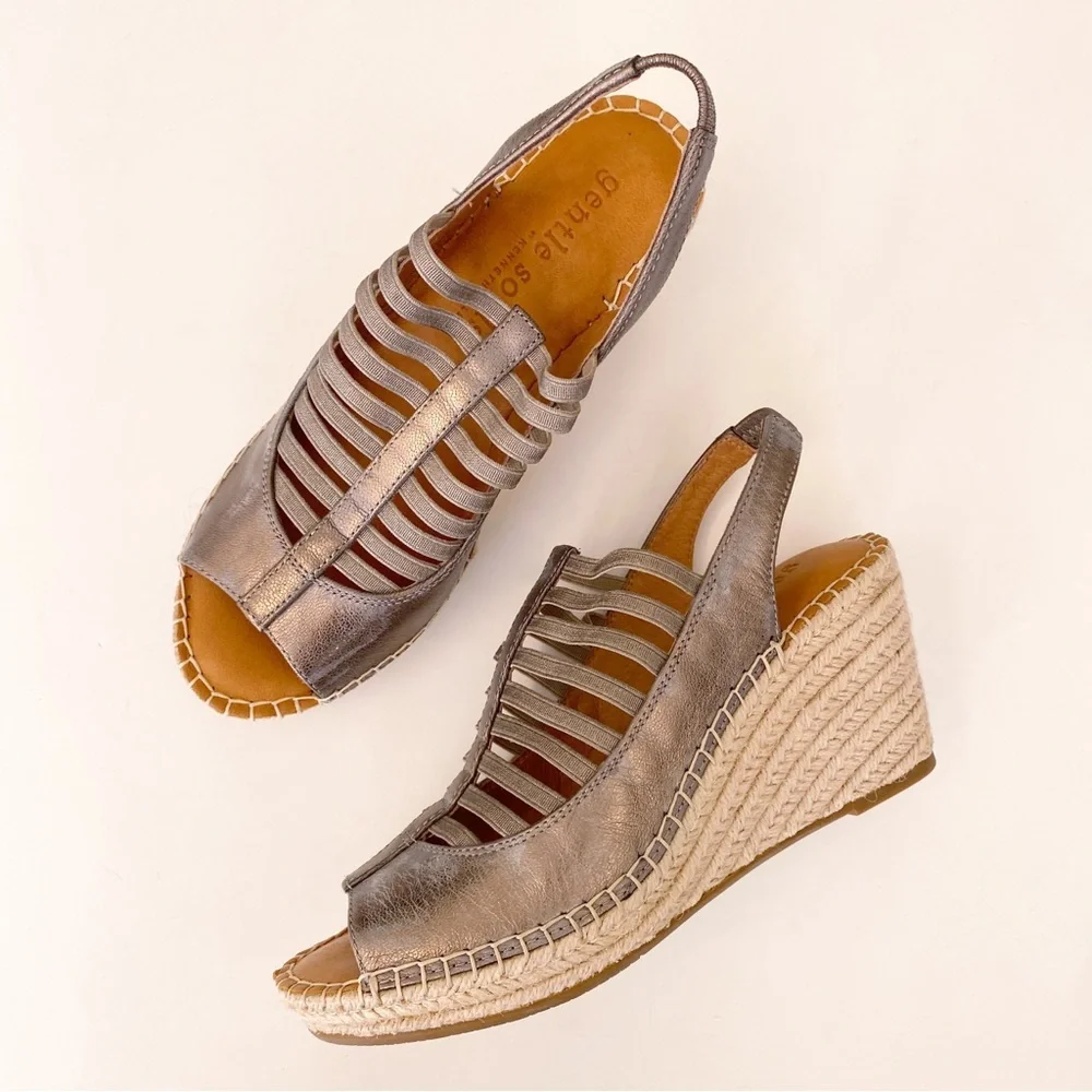 Gentle Souls || Strappy Espadrille Wedges‎ Silver Pewter Metallic 7.5